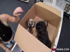 Blonde young girl having fun with shop's boss 